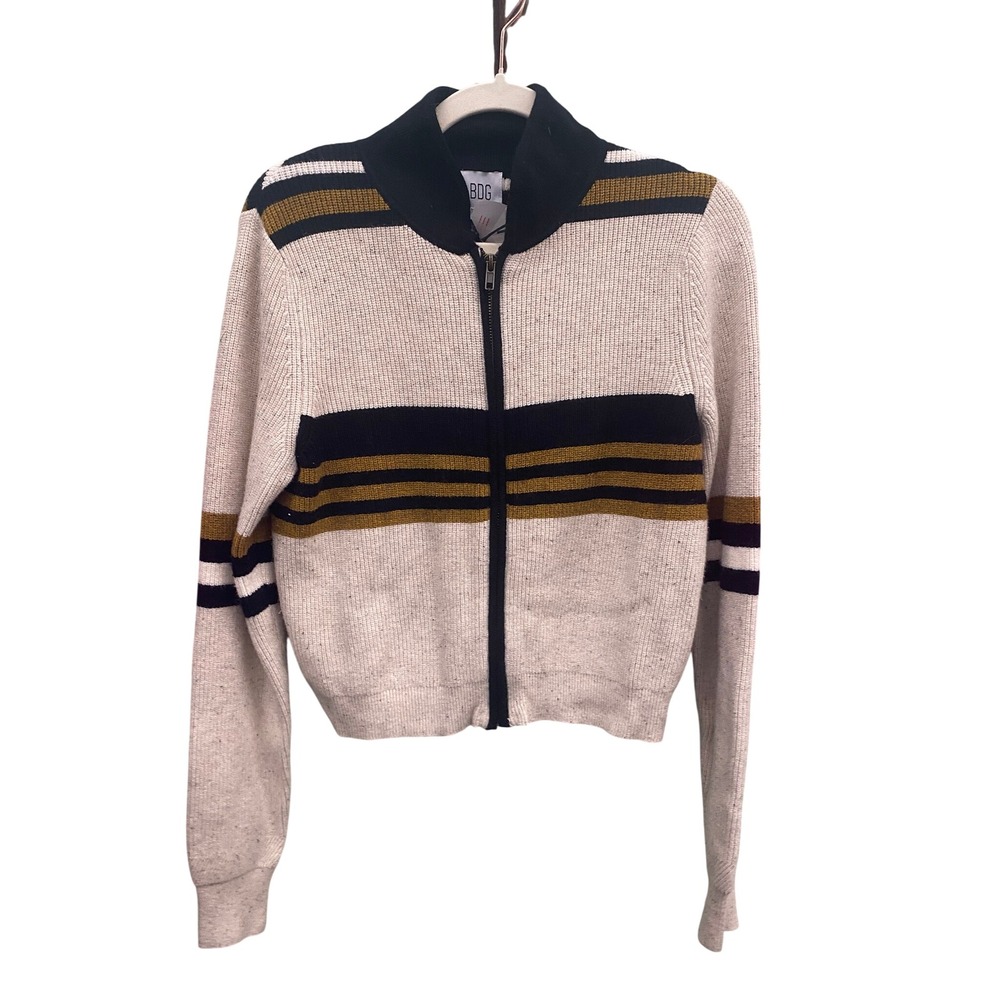 BDG Urban Outfitters Striped Full Zip Ribbed Cardigan Sweater Cream Navy Gold L